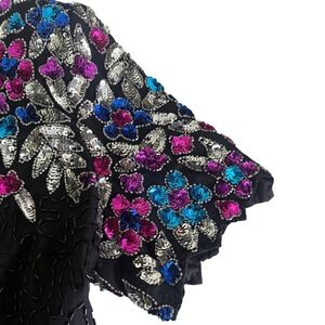 Vintage Silk Beaded Sequin Stenay Black Cocktail Dress Short Sleeve Evening Gown